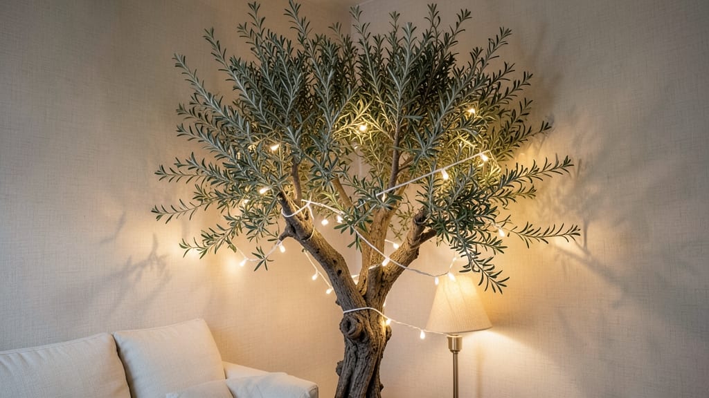 Olive Tree with Warm White String Lights