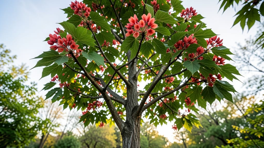 Trident Maple with Vibrant Red Flowers